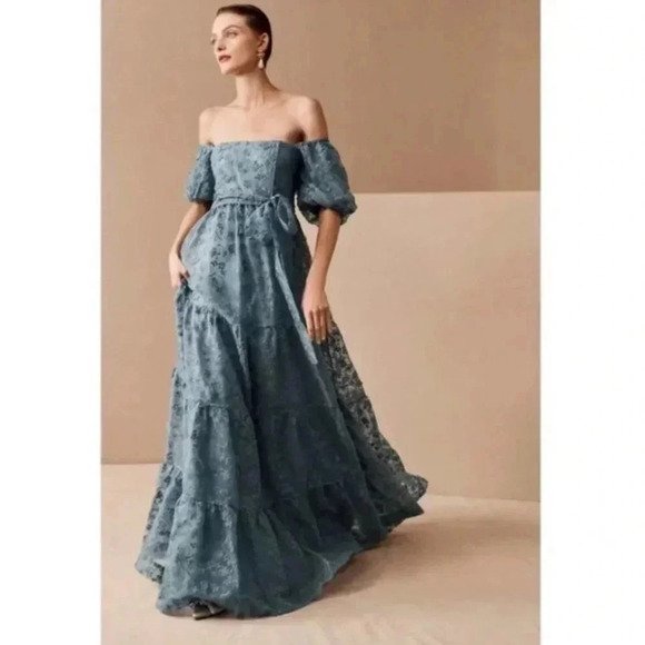 NWT Anthropologie BHLDN Beatrice Organza Maxi Dress Floral Blue Size 10 - Picture 2 of 14